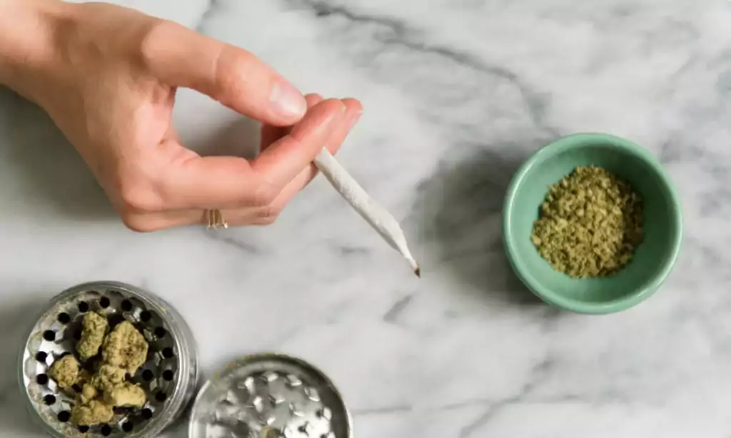 gemahlenes Cannabis und eine Person mit Joint