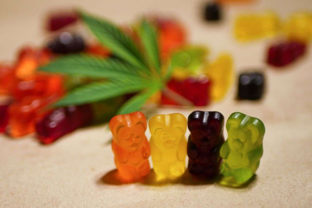Gummy bears and cannabis leaf