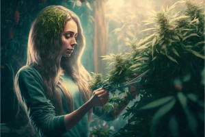 Mädchen trimmt Cannabispflanze