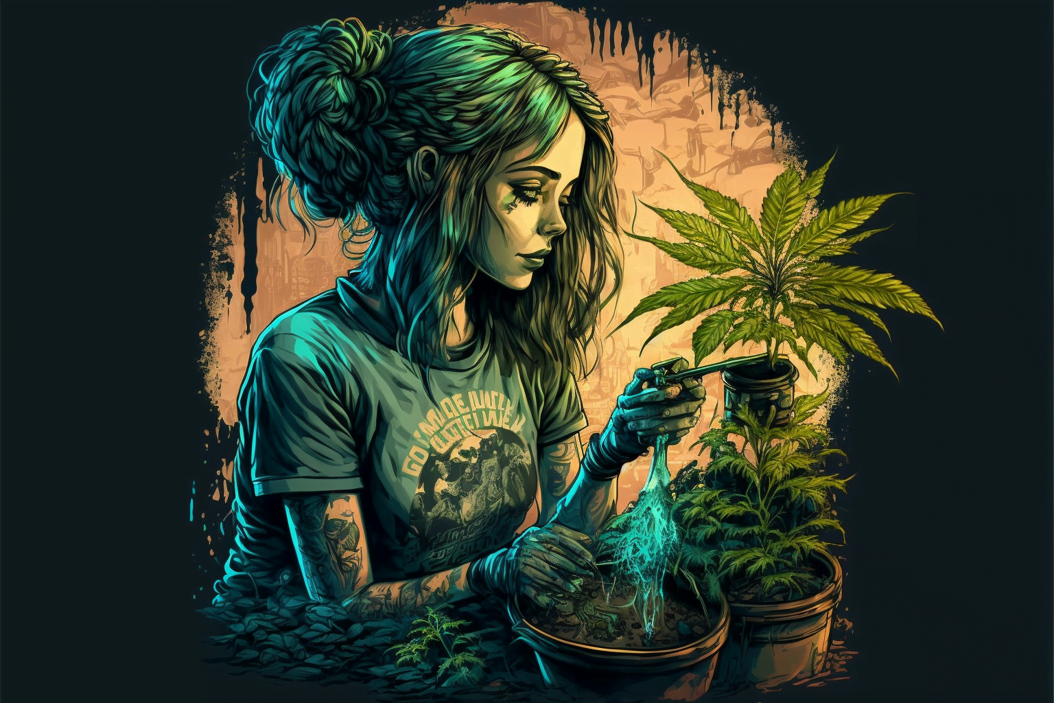 girl is transplanting cannabis