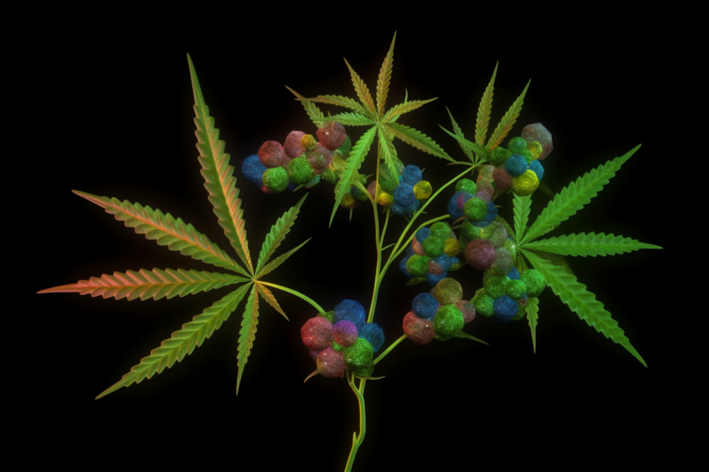 Molekül von Cannabigerol mit Blättern