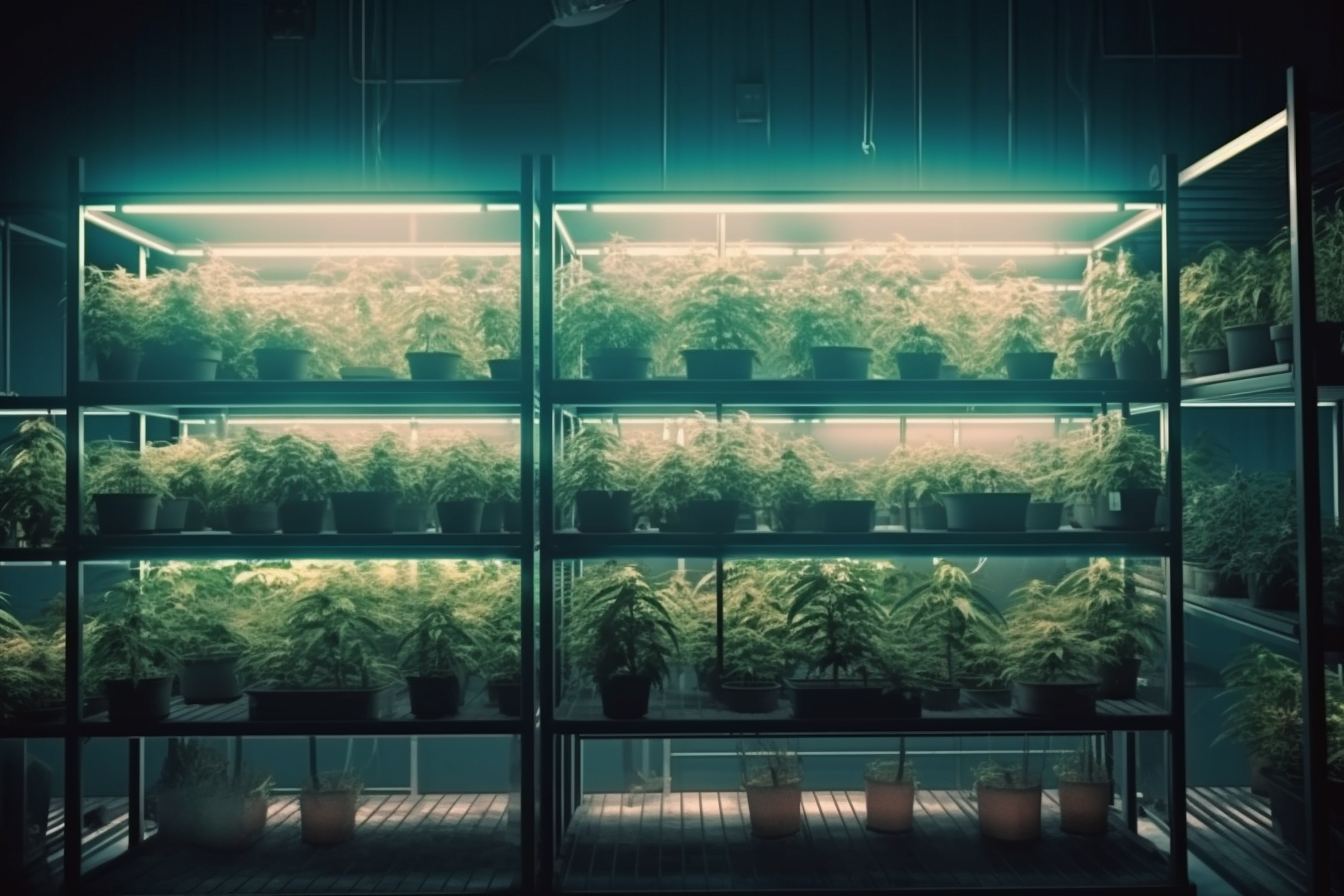 cannabis plants in shelves under the light
