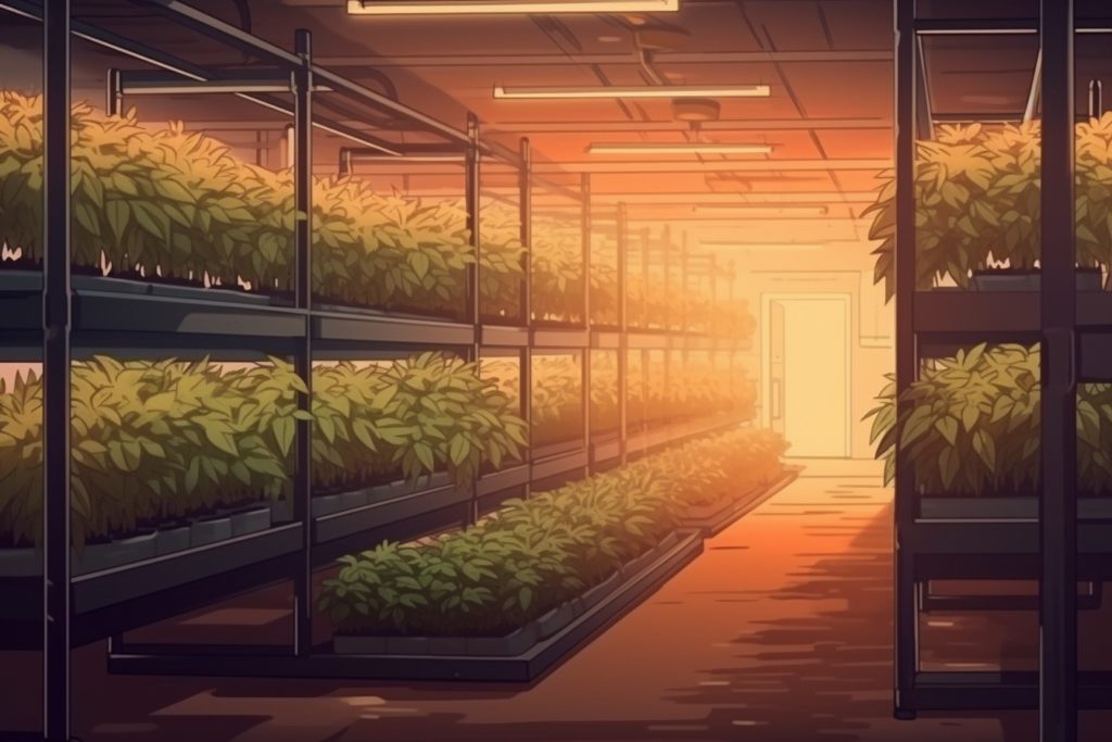 room with cannabis plants in sunlight