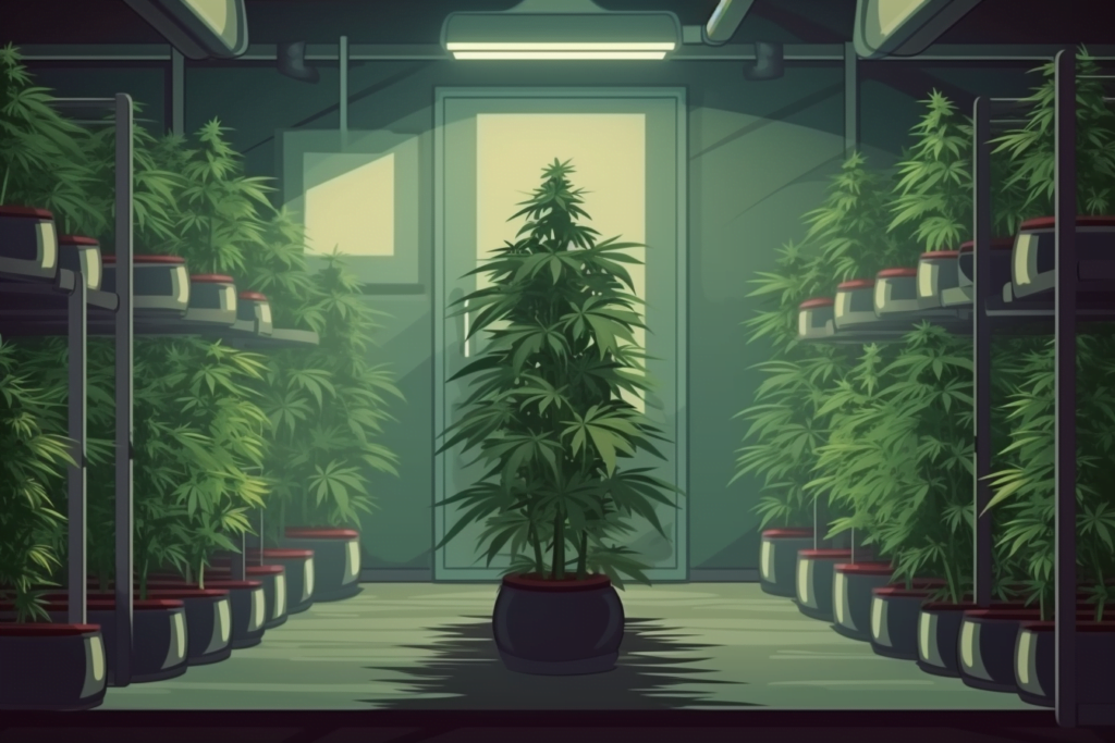 marijuana plant among cannabis plants in shelves